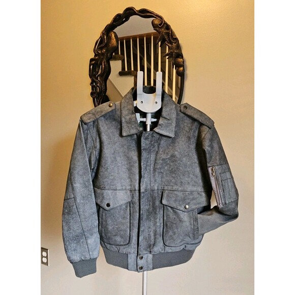 Vintage Leather Bomber Jacket Gray 80s 90s Flight A2 Style Mens S Top Gun Pilot - Picture 1 of 9